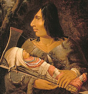 Painting by Paul Kane, showing a North American Chinook child in the process of having its head flattened, and an adult after the process